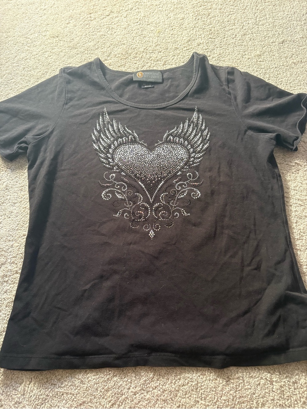 Christine Alexander Black Tee with Rhinestone Winged Heart
